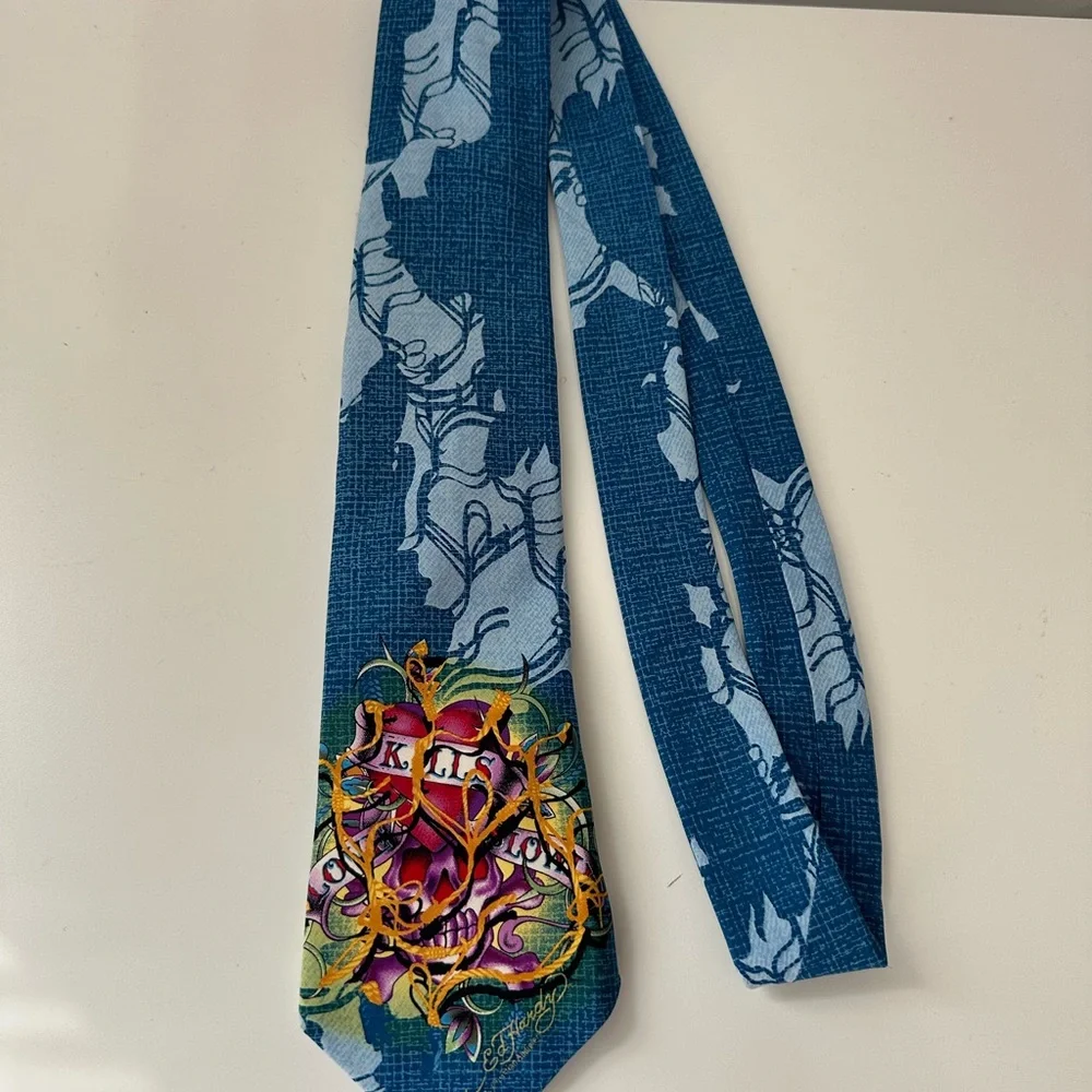 Ed Hardy by Christian Audigier Blue Skull Tattoo Graphic Neck Tie 57